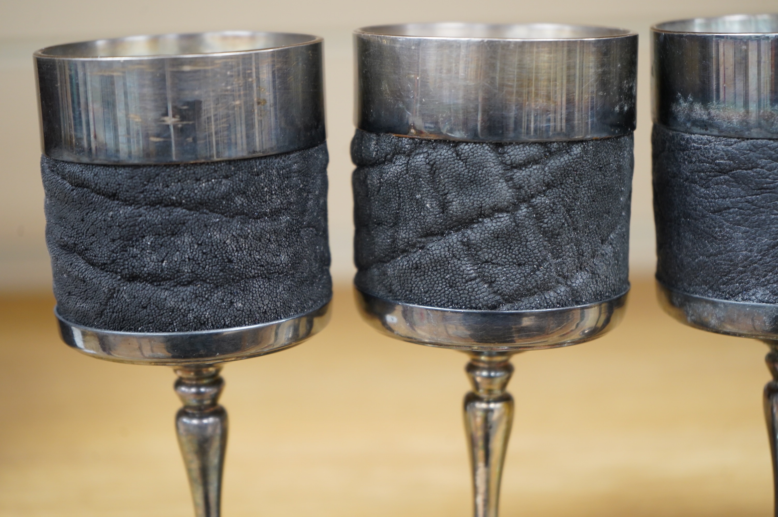 A set of four stylish animal hide and silver plate goblets, makers marks to base, 15.5cm. Condition - good